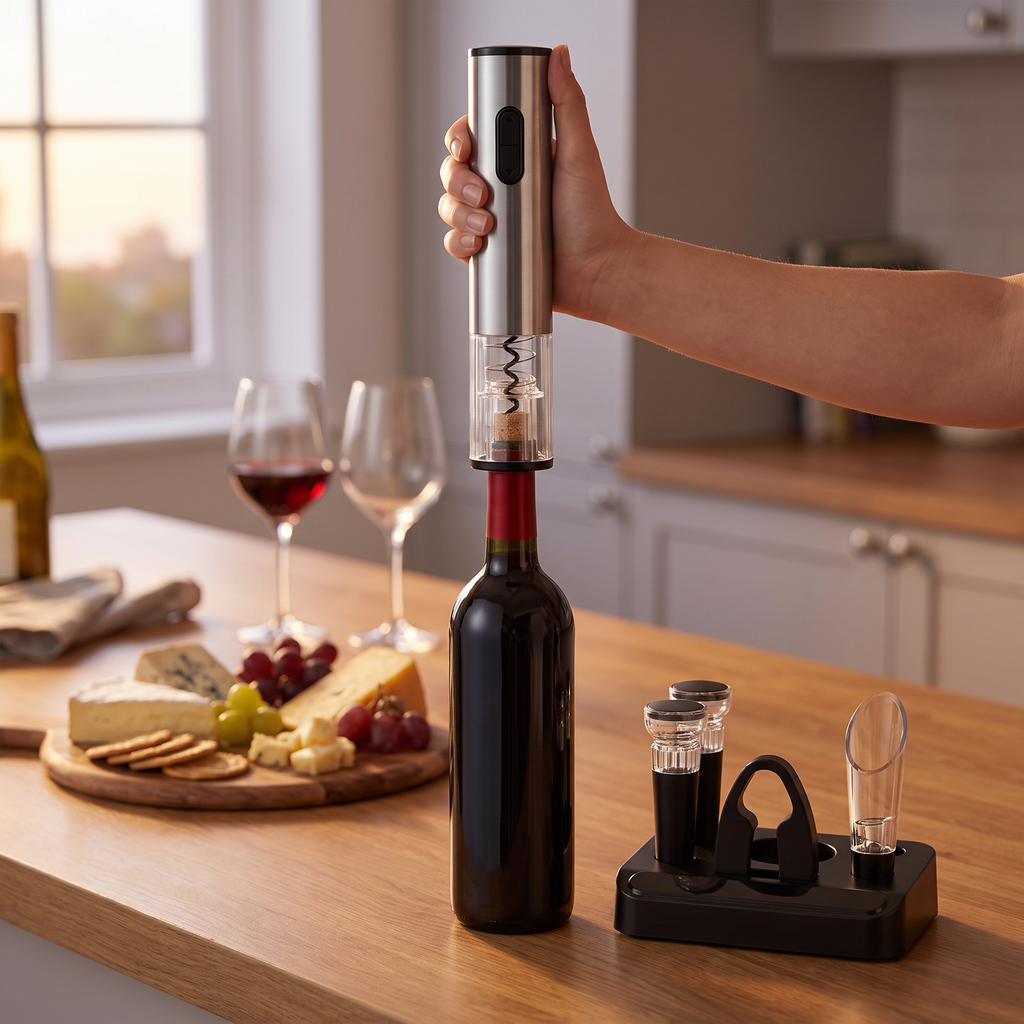 Rechargeable electric wine bottle opener in use on a kitchen counter