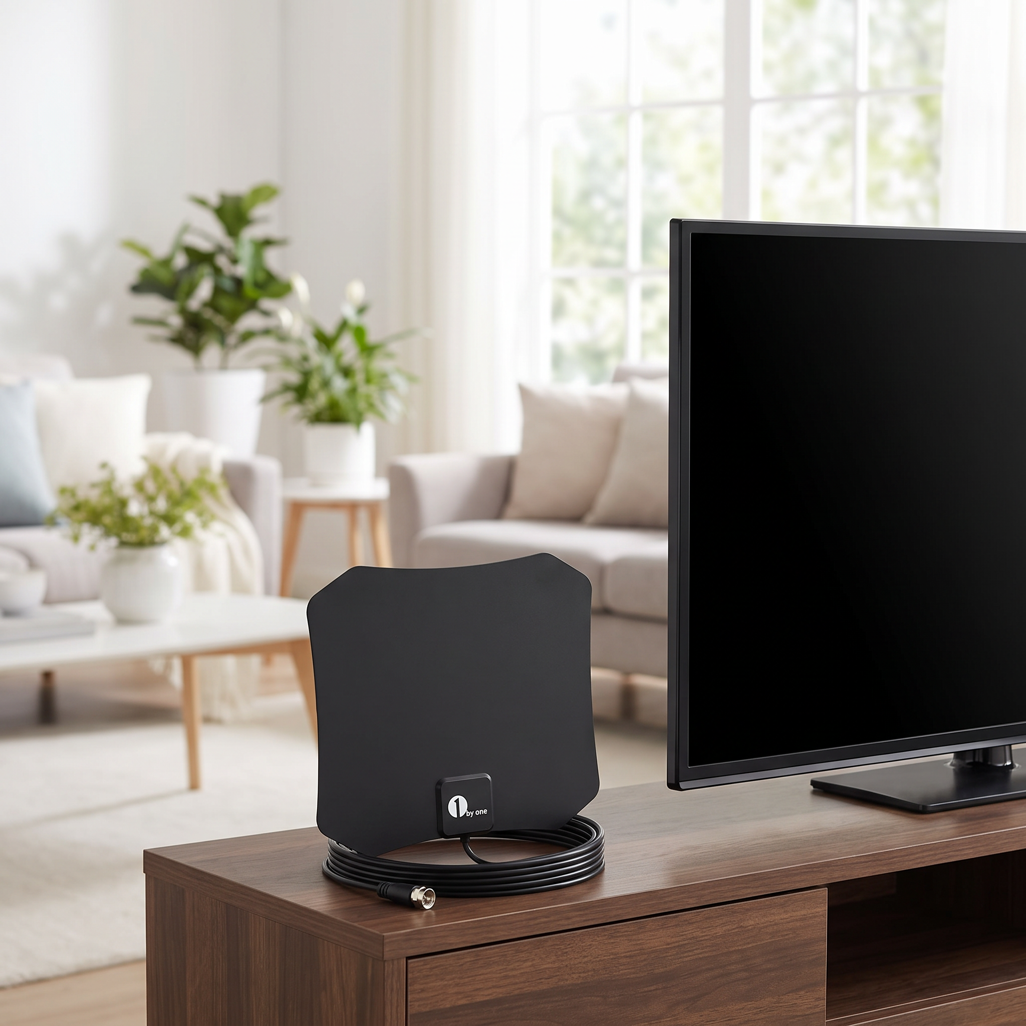 Indoor HDTV satellite antenna on a living room TV console