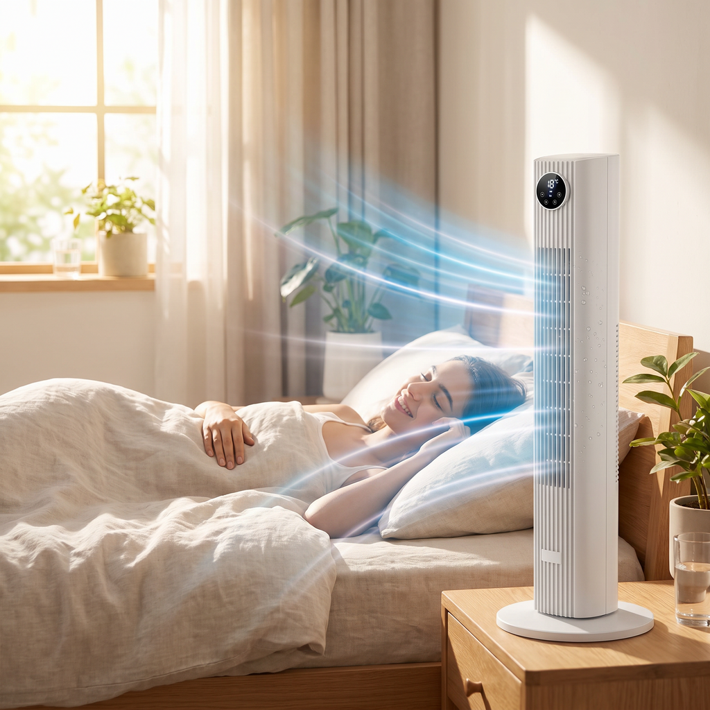 Portable AC air cooler running in a bedroom