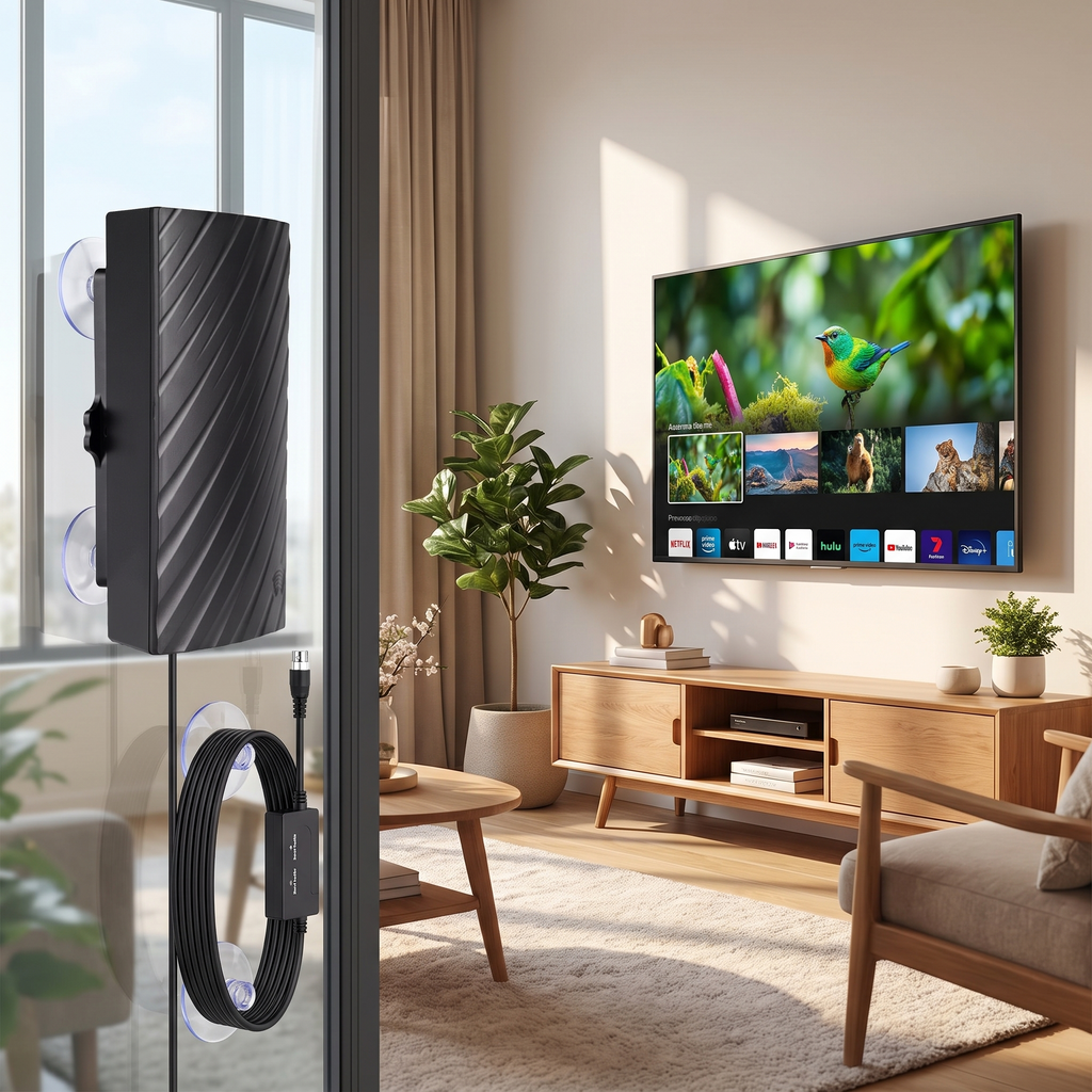 Long range indoor HDTV 4K antenna by a window near a TV