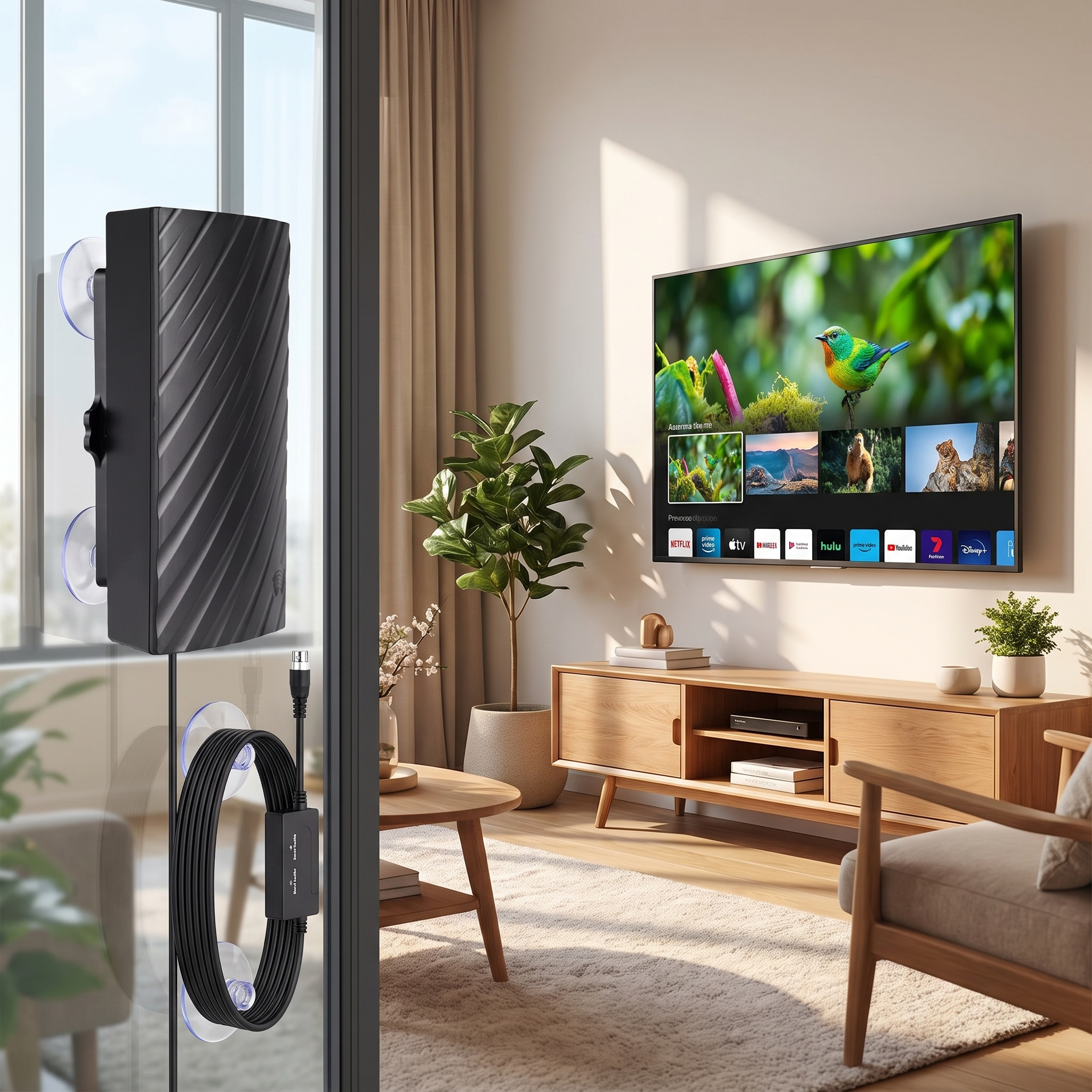 Long range indoor HDTV 4K antenna by a window near a TV