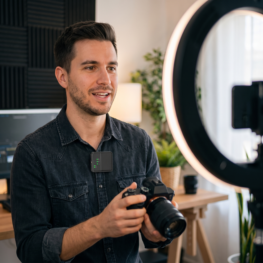 Wireless lapel microphone clipped to a creator's shirt
