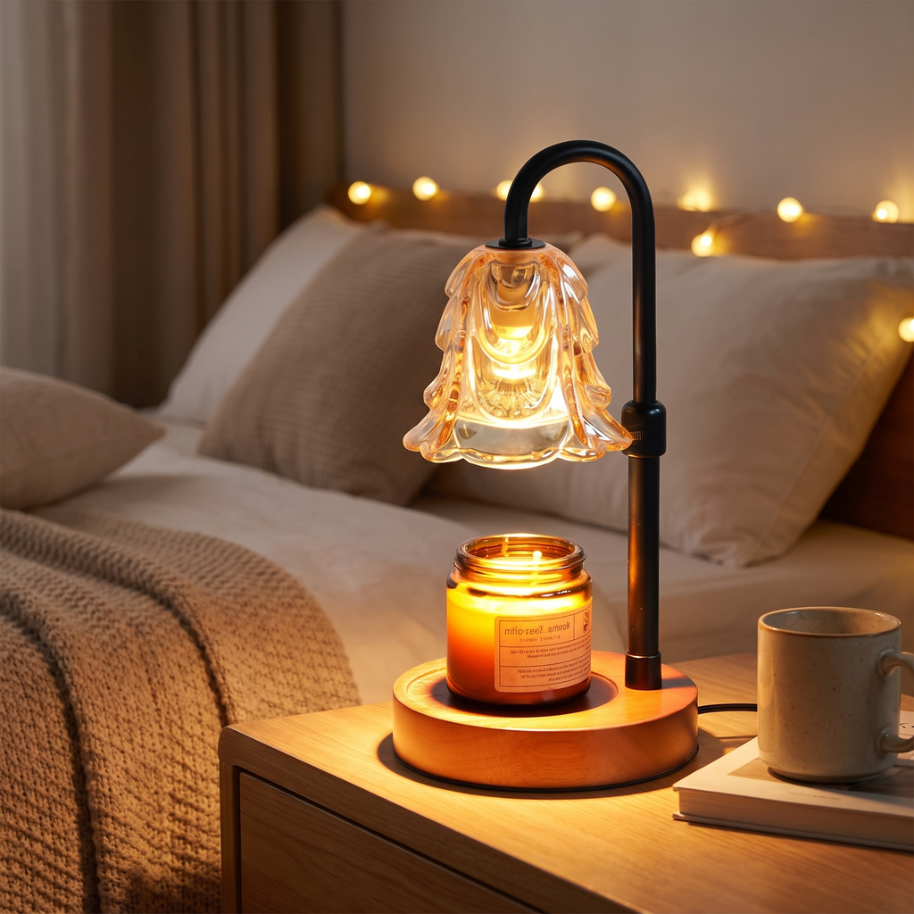 Flower candle warmer lamp glowing on a bedside table
