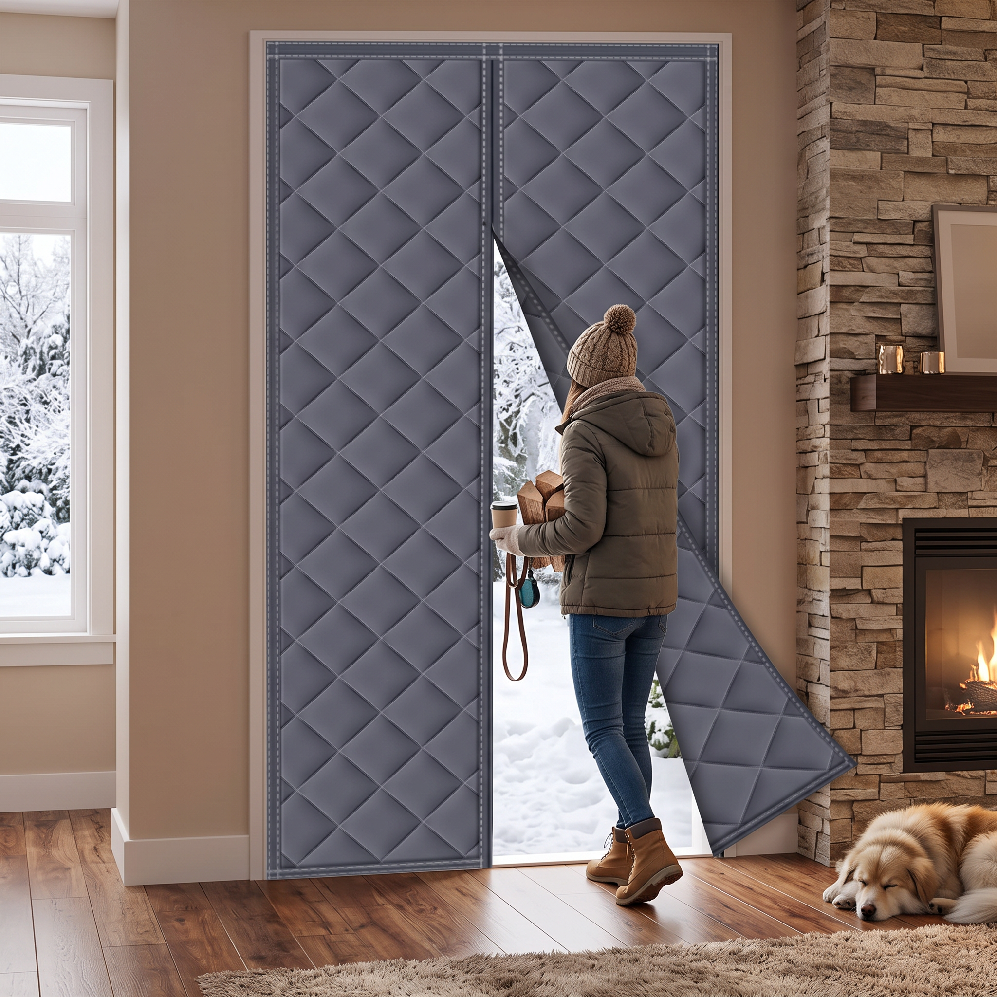 Magnetic thermal door curtain in a home doorway in winter