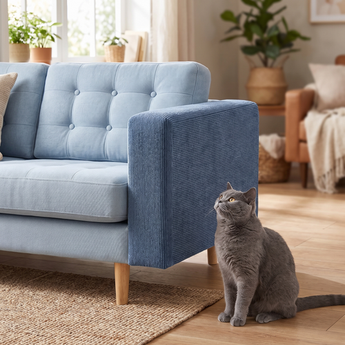 Couch corner cat scratch protector on a sofa arm