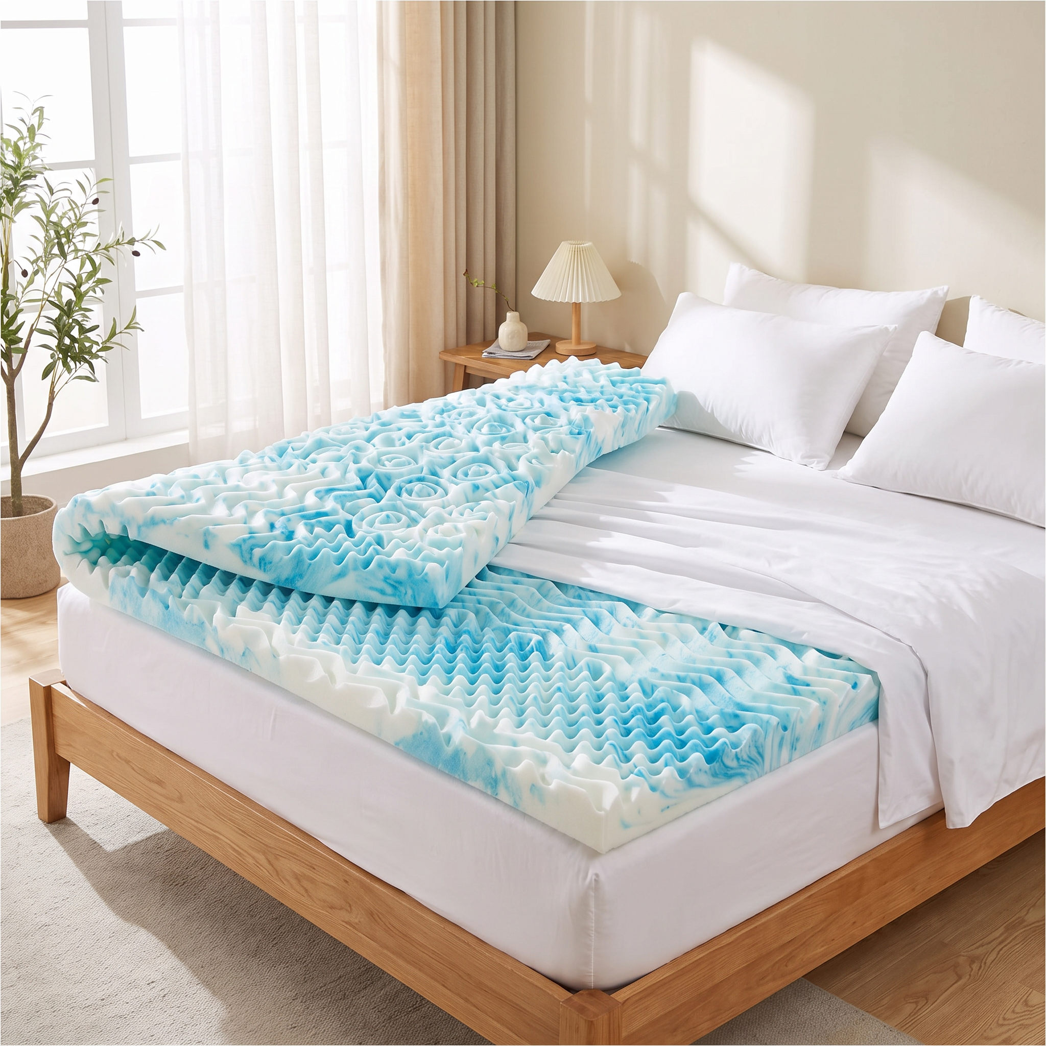 Cooling egg crate foam mattress topper on a bed