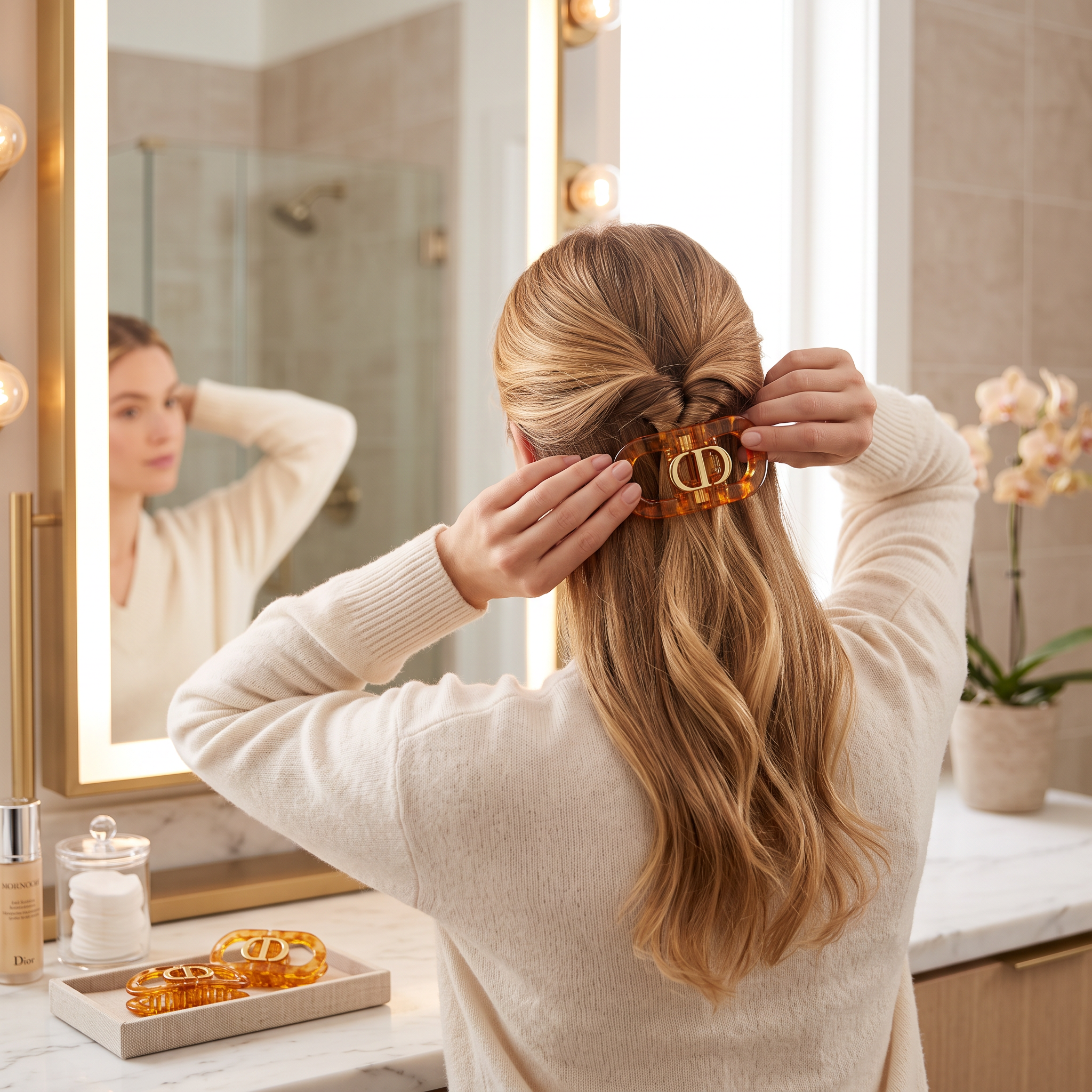 Woman clipping hair up with magnetic hair clip