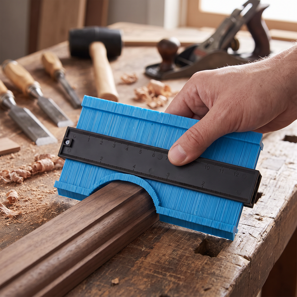 Contour gauge used on wood molding at a workbench