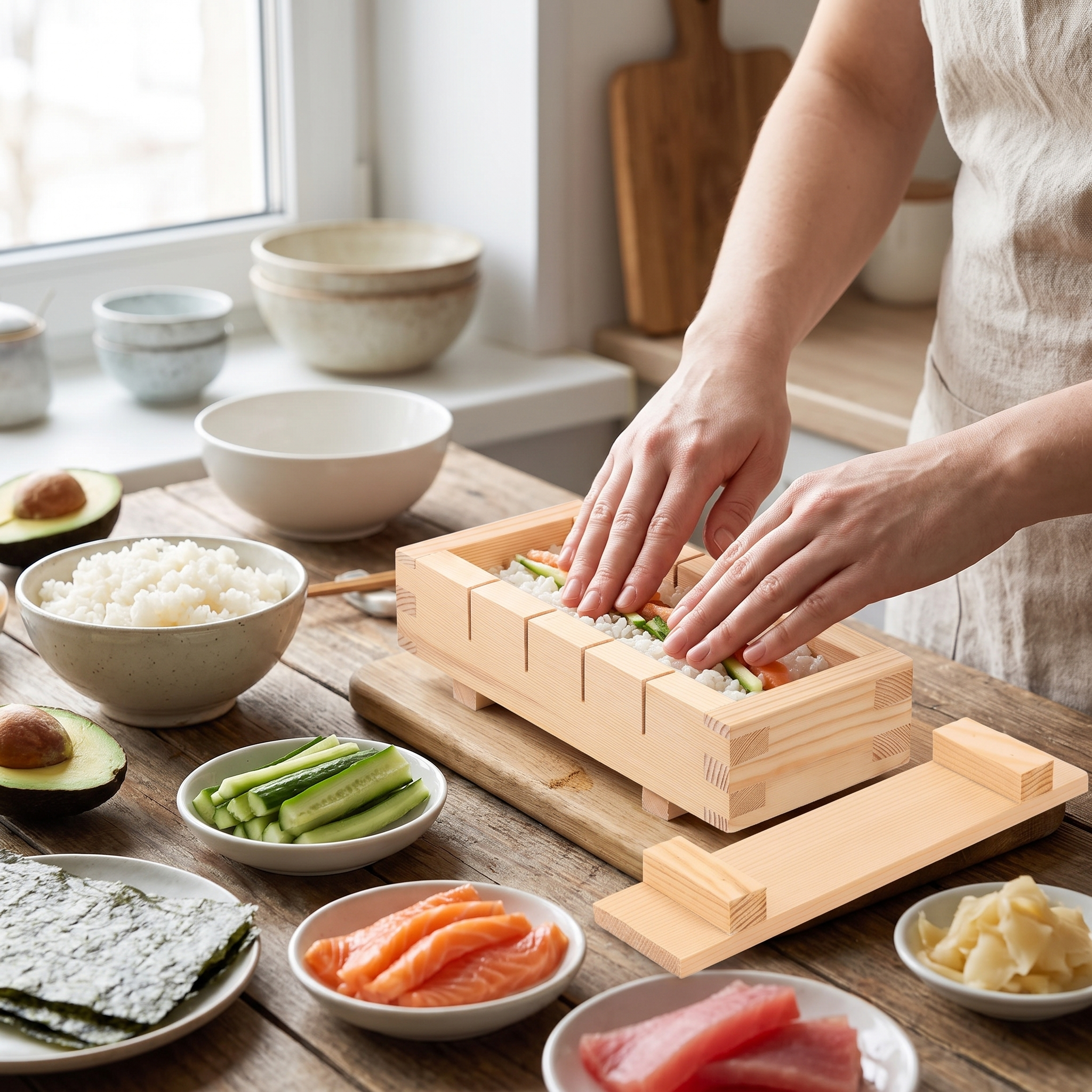 Hands pressing sushi rice in wooden sushi mold