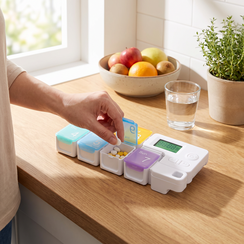 Weekly pill organizer on a kitchen counter