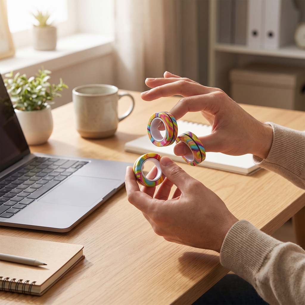 Magnetic fidget rings in hands at a desk