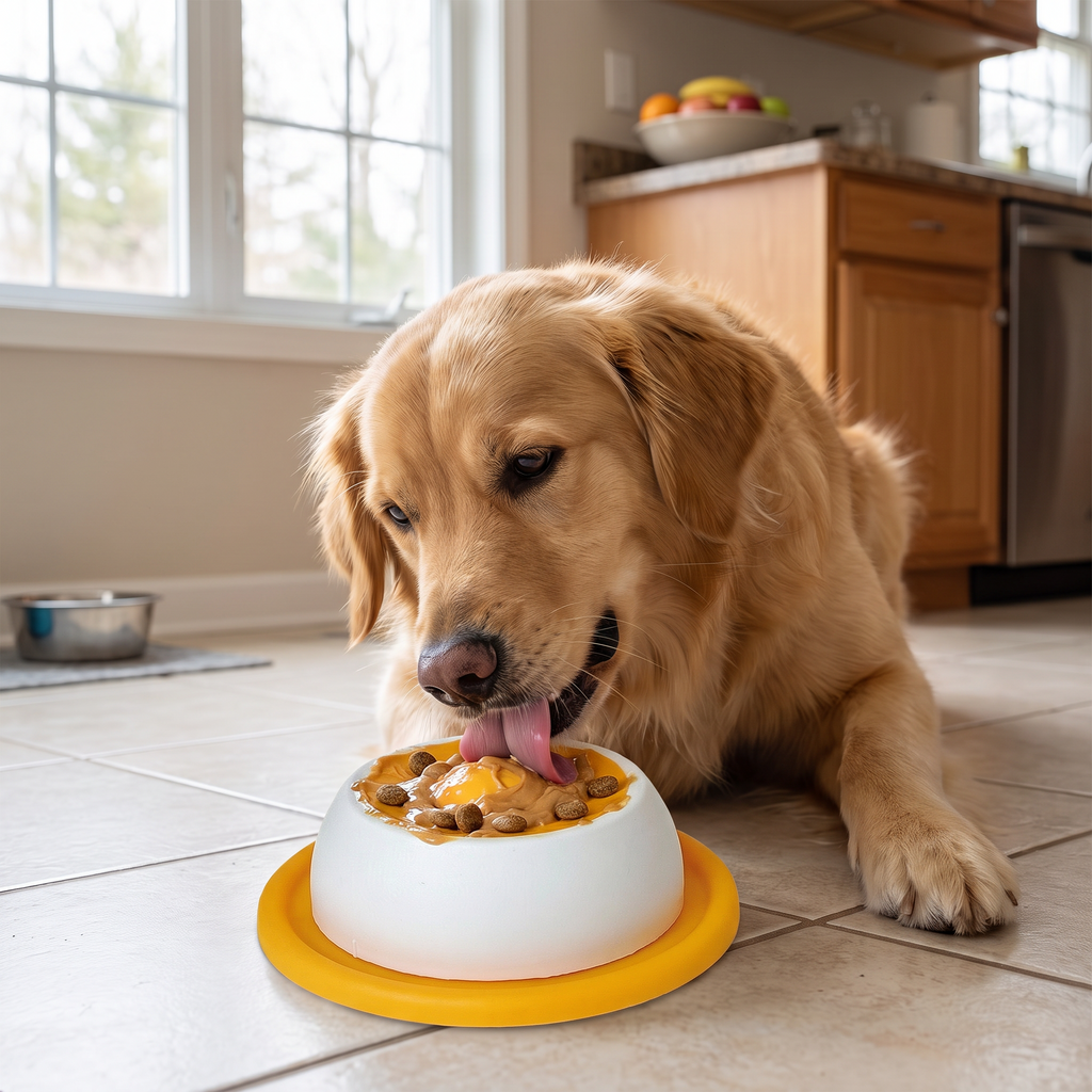 Dog licking treats off a slow feeder lick mat