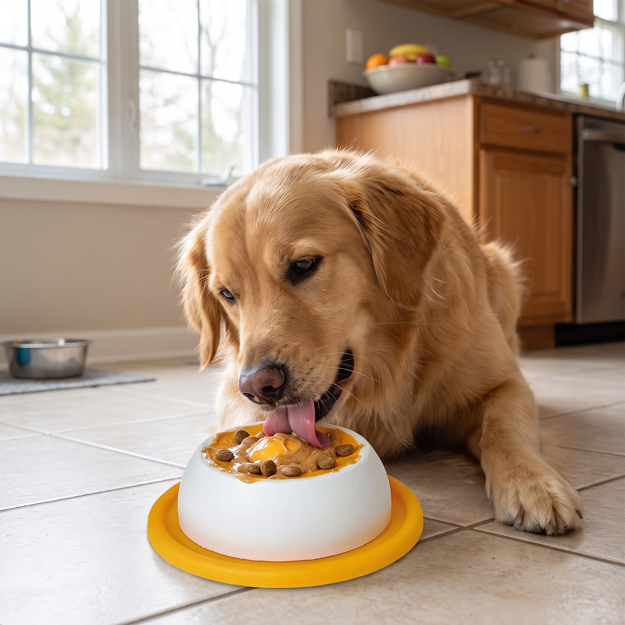 Dog licking treats off a slow feeder lick mat