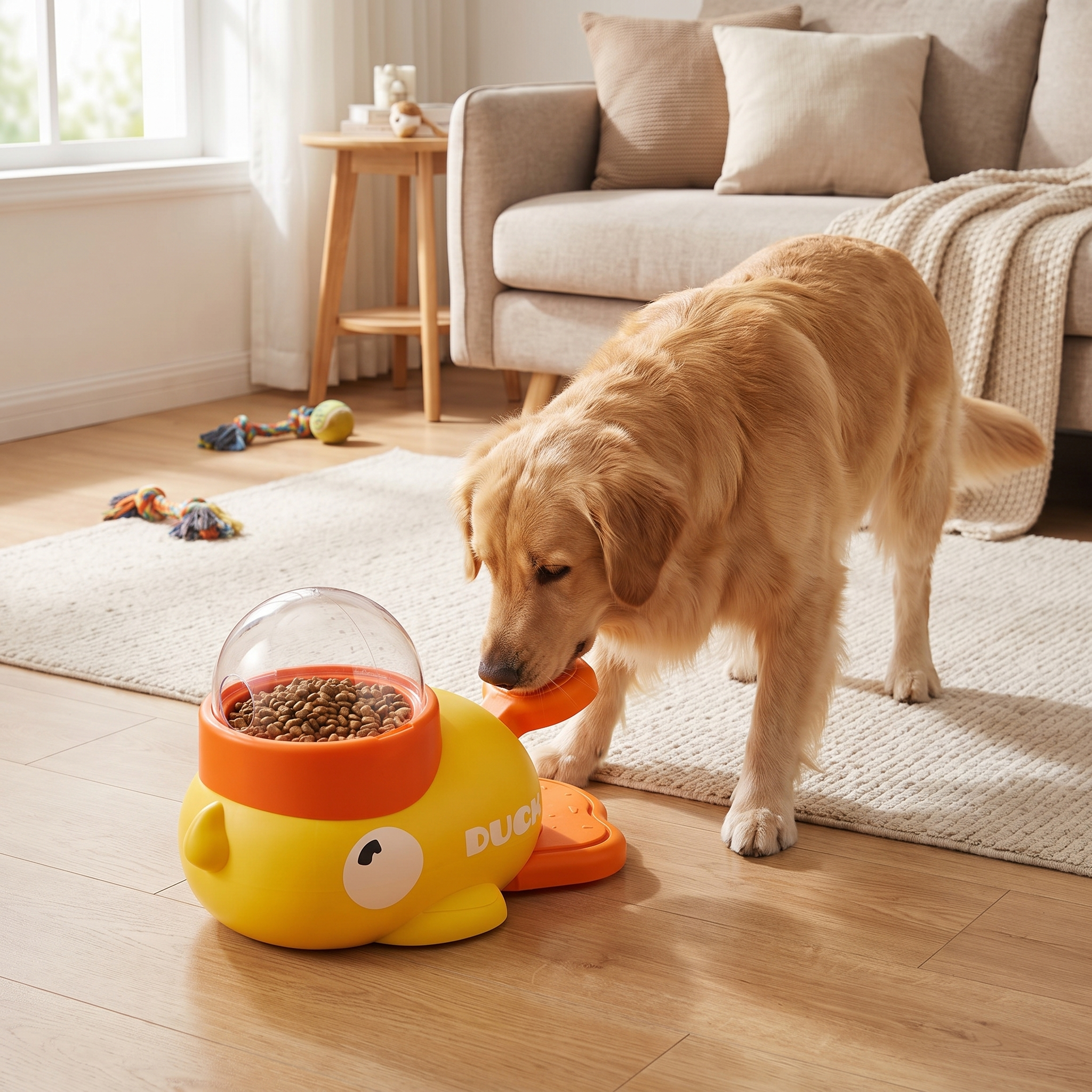 Dog playing with cartoon duck puzzle feeder
