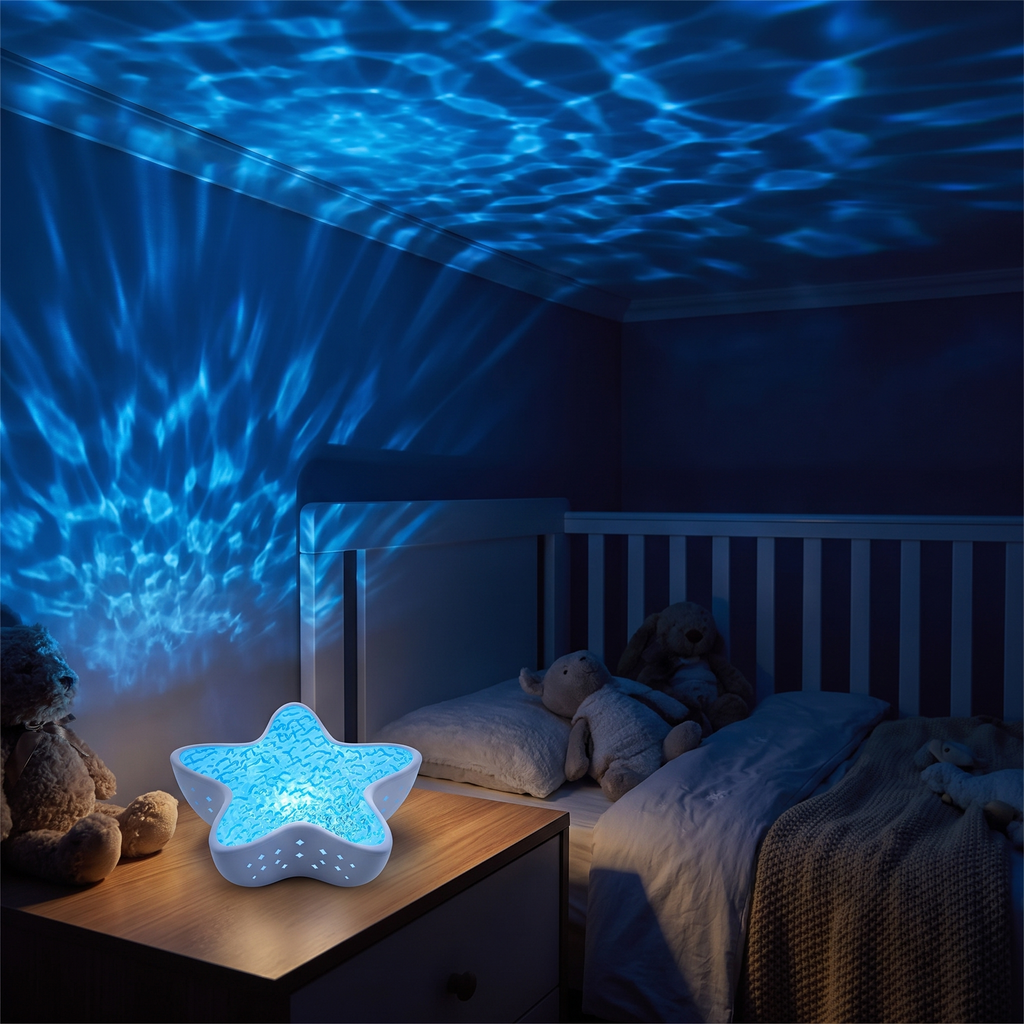 Starfish night light projecting ocean waves in a bedroom