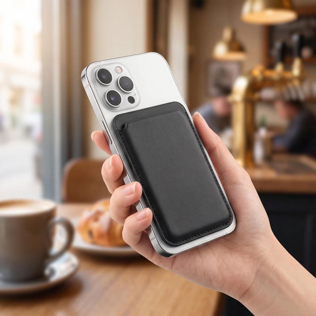 Leather card wallet on the back of an iPhone