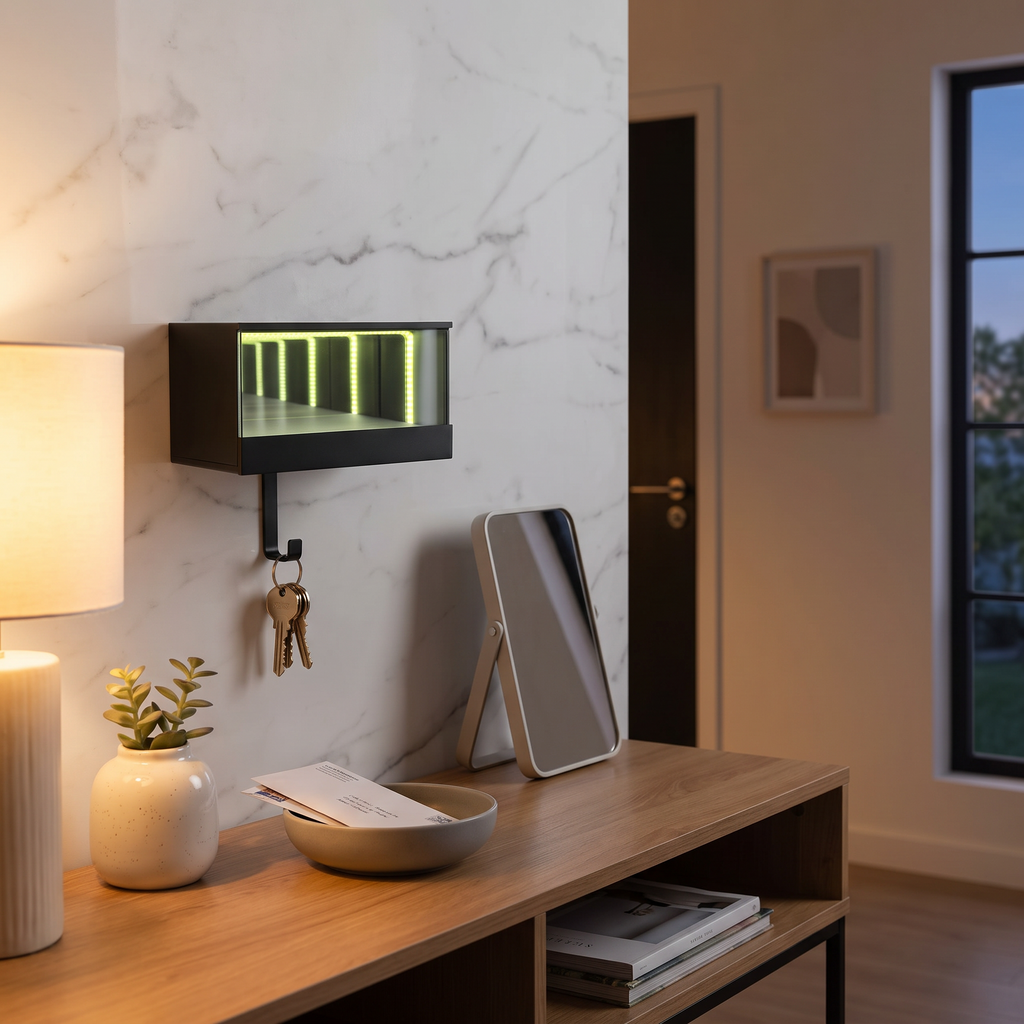 Glowing infinity LED car key holder on an entryway table