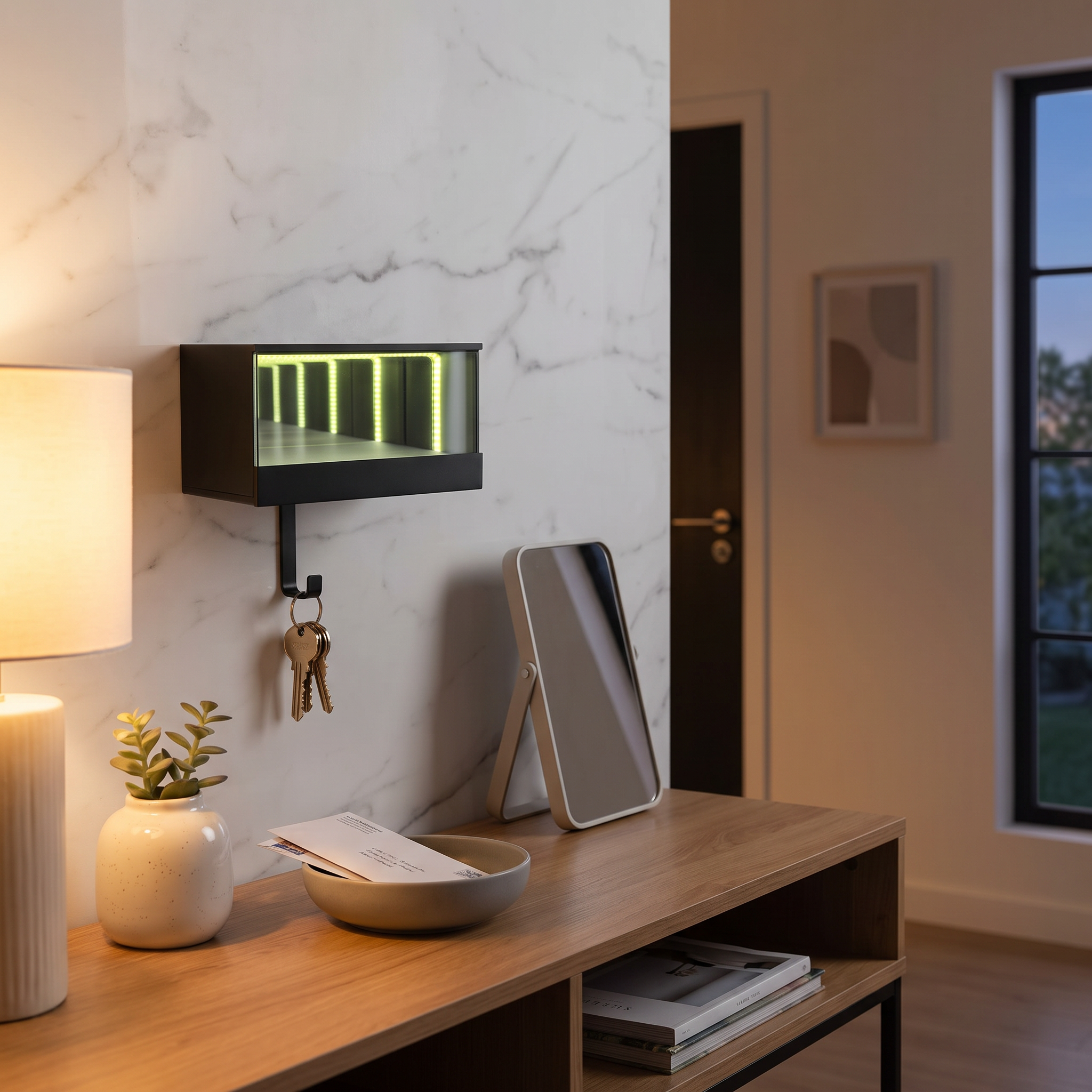 Glowing infinity LED car key holder on an entryway table