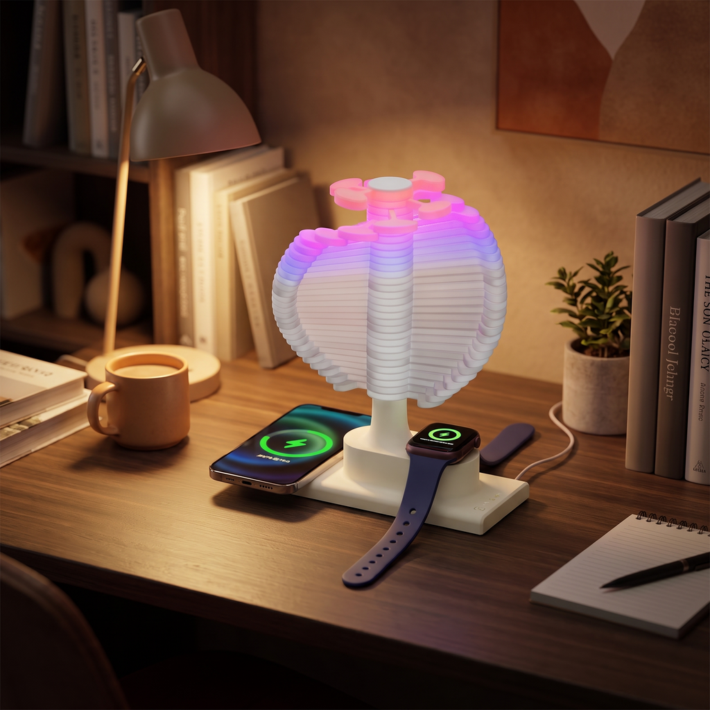 Spiral tree lamp charging a phone on a desk