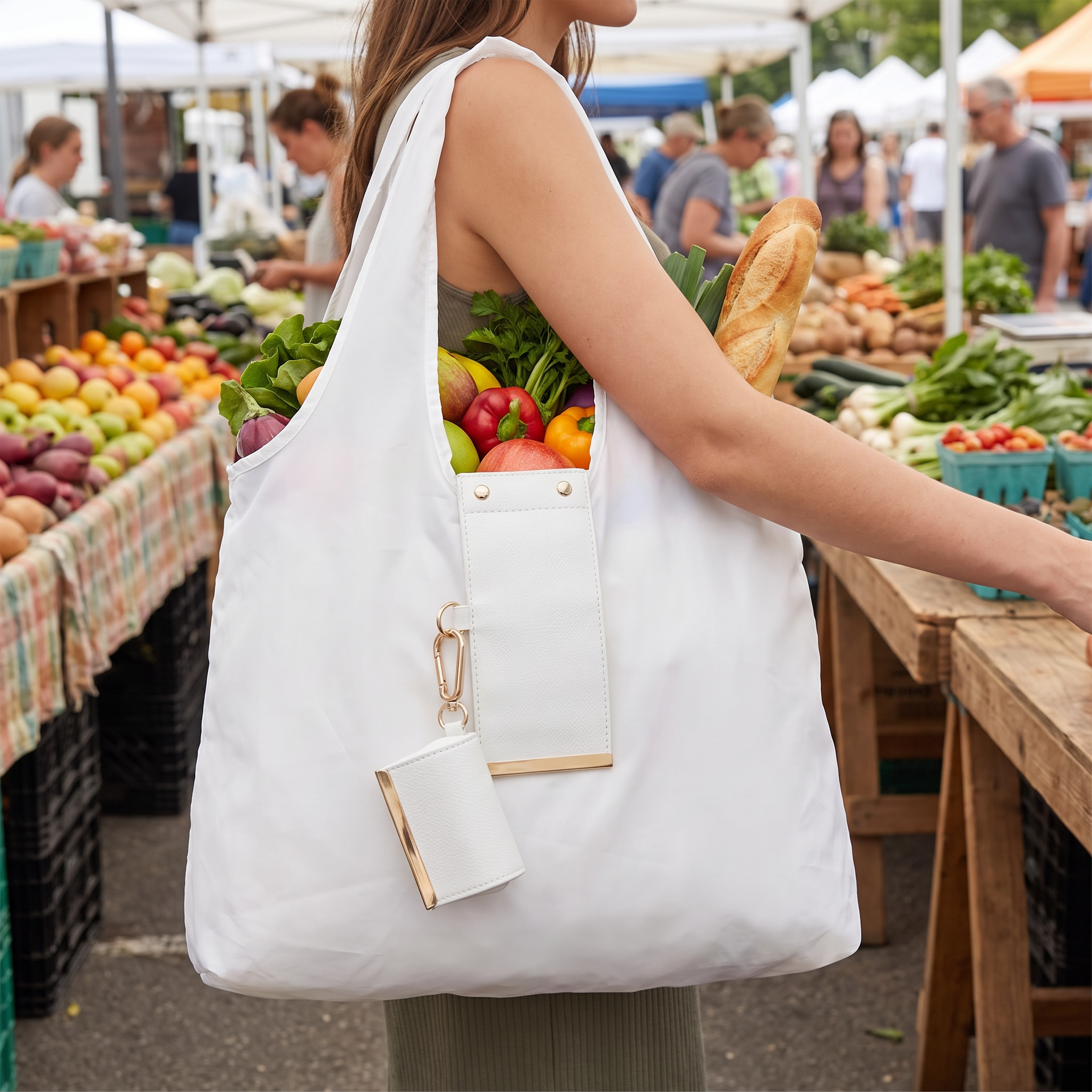 Foldable keychain tote bag filled with groceries