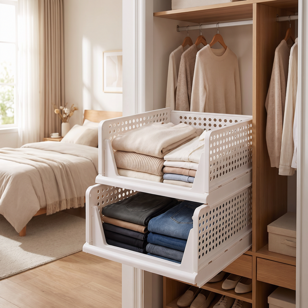 Stackable drawer organizers holding folded clothes