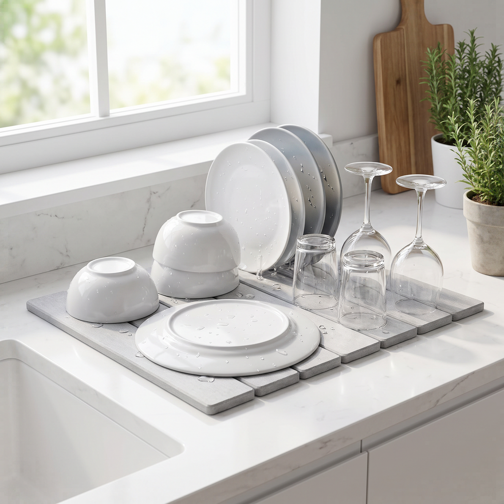 Diatomite dish drying mat with dishes on a kitchen counter