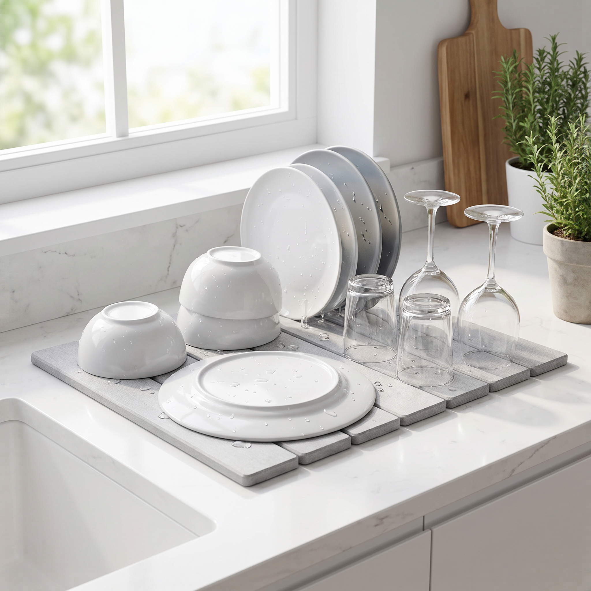 Diatomite dish drying mat with dishes on a kitchen counter