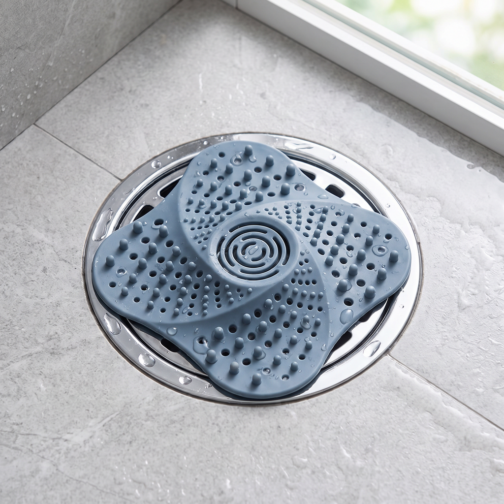 Spiral shower drain hair catcher in a bathroom drain