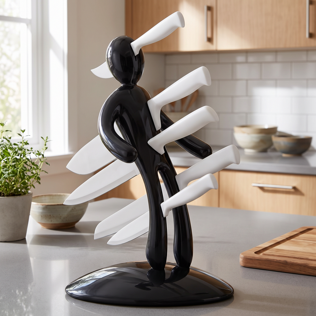 Humanoid knife holder with knives on a kitchen counter