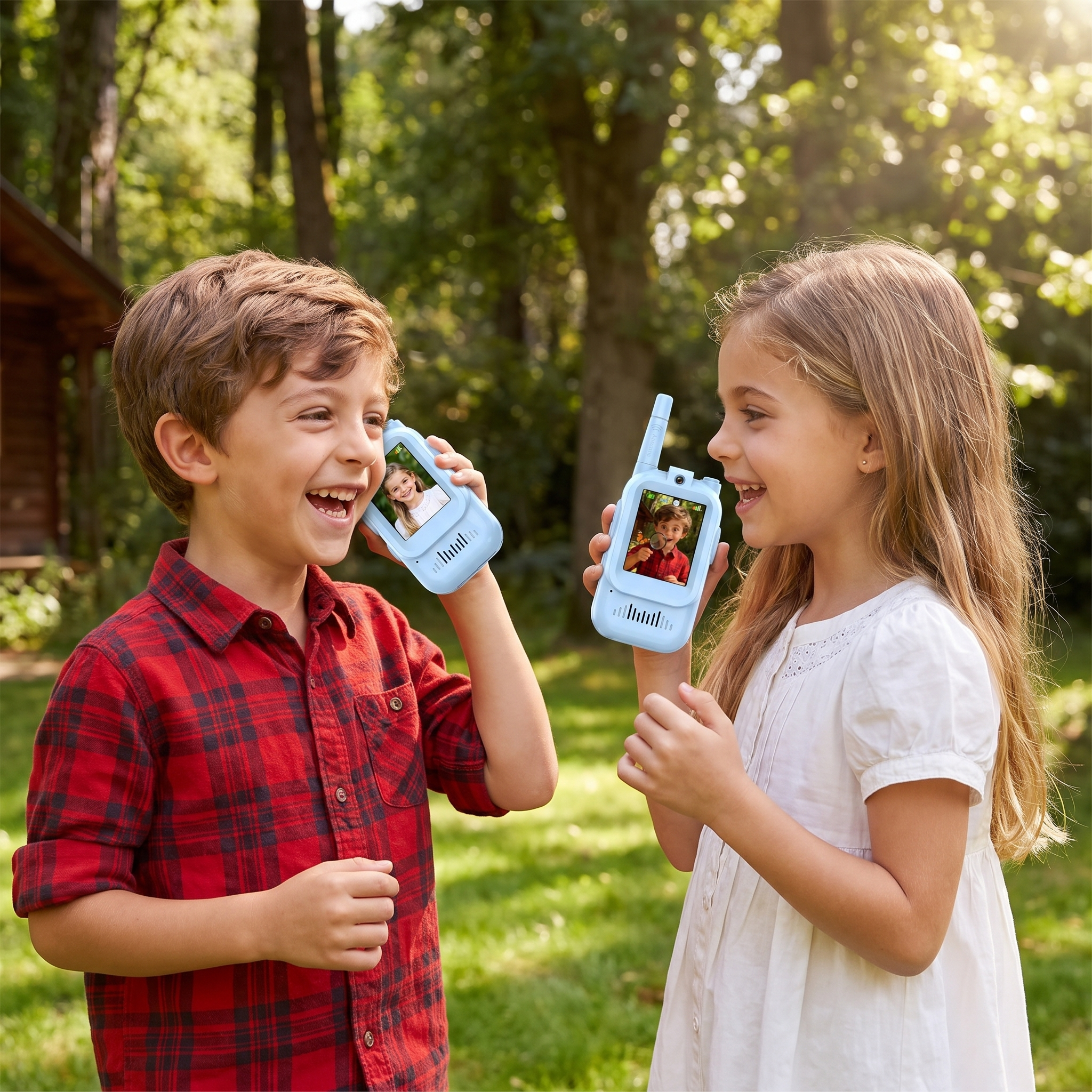Kids using video walkie talkies outdoors