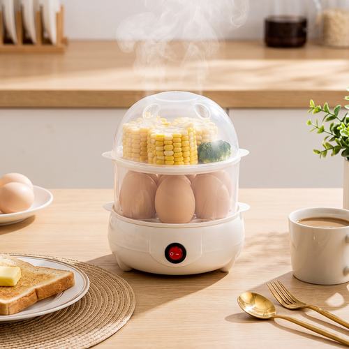 Electric egg cooker steaming eggs at breakfast