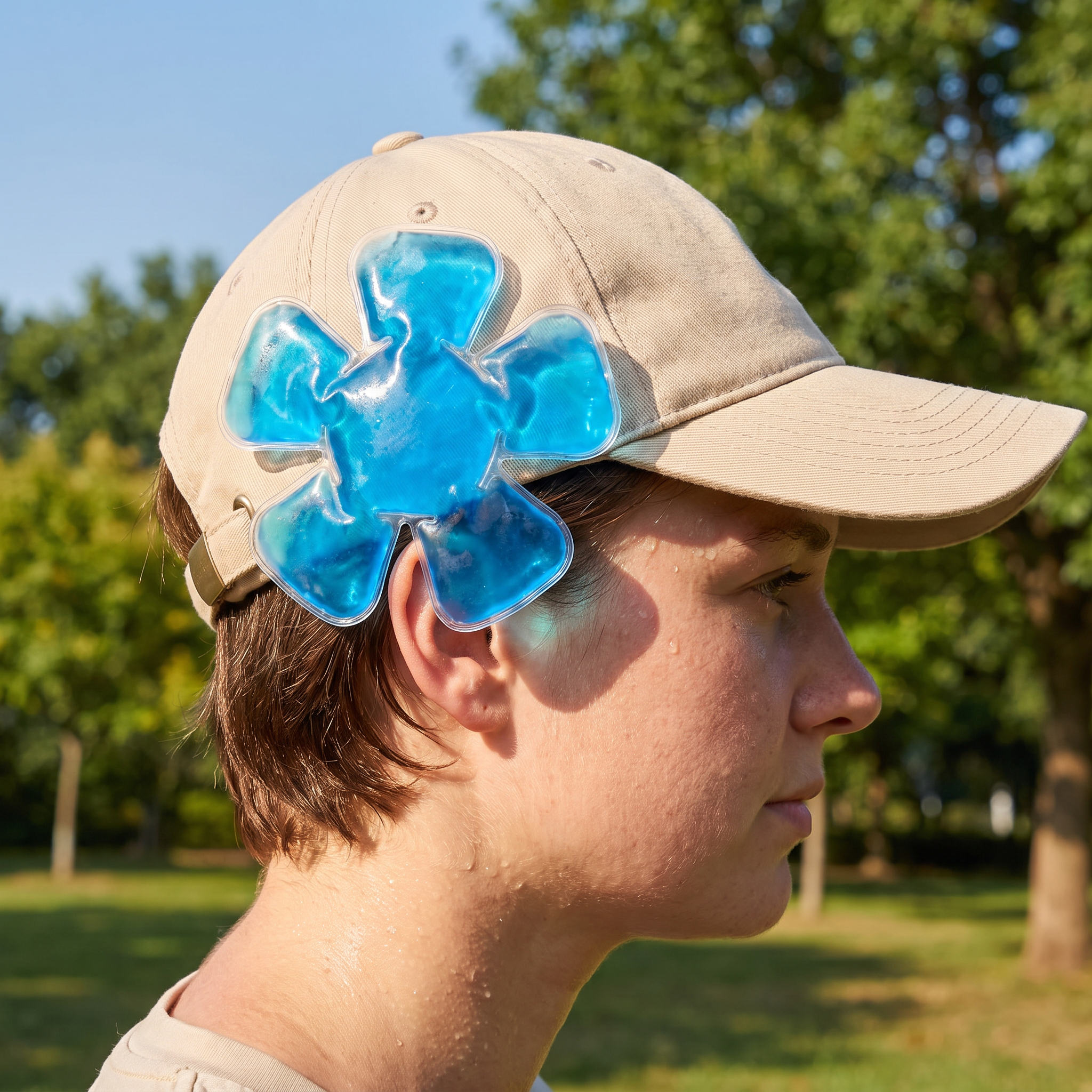 Cooling gel pack in a cap worn outdoors