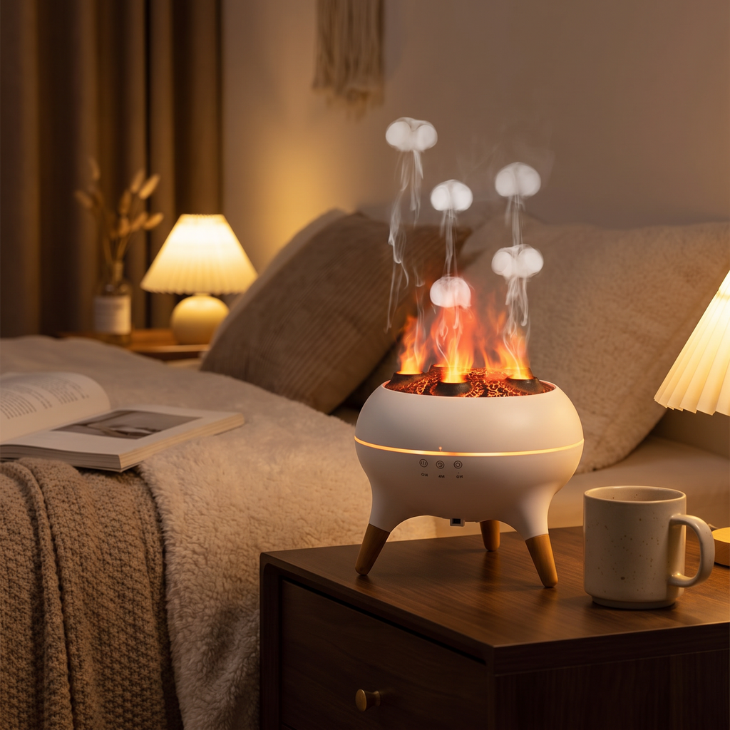 Jellyfish aroma diffuser glowing on a nightstand