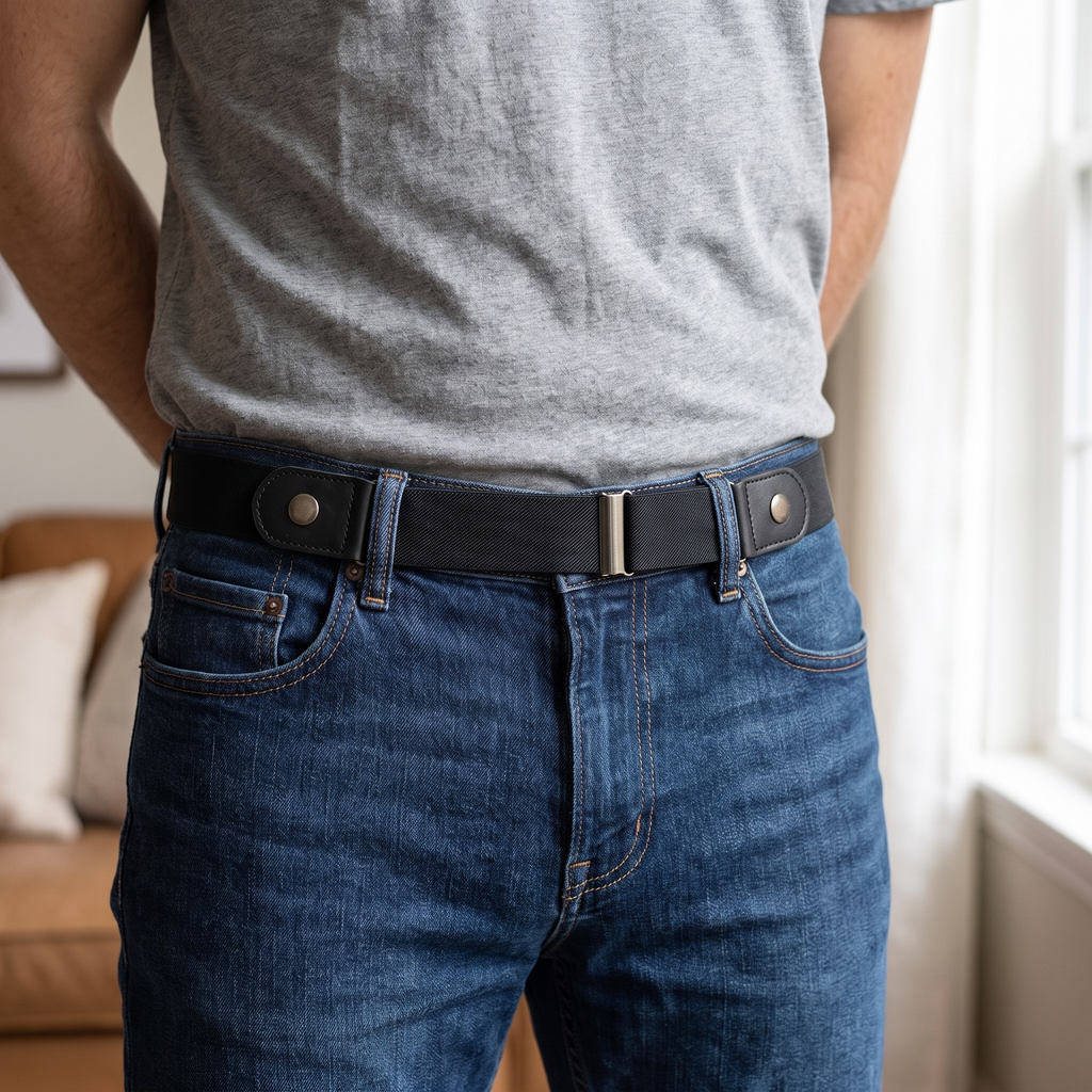 Invisible no-buckle belt worn on jeans