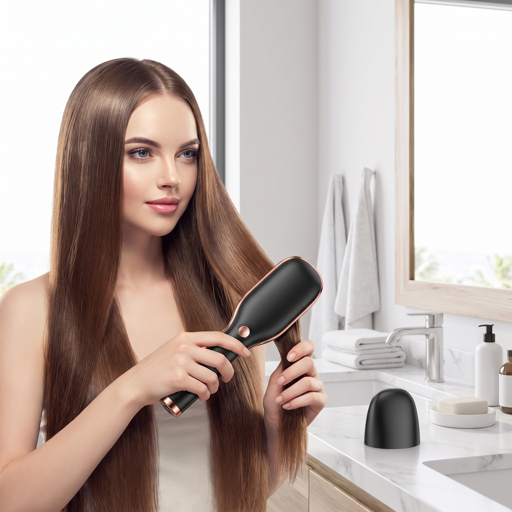 Woman straightening hair with a cordless ceramic straightener