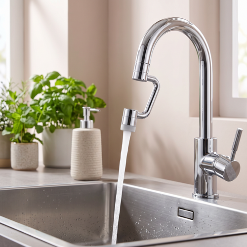 Rotating faucet extender on a kitchen faucet with running water