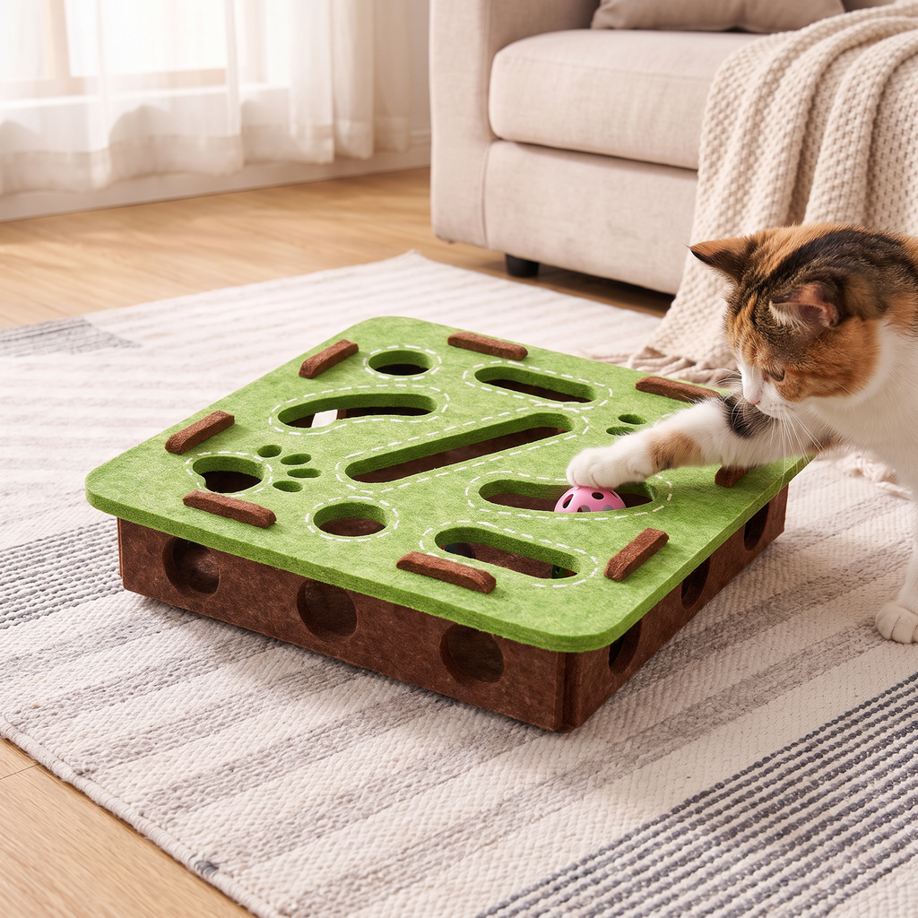 Cat pawing at a felt puzzle toy box