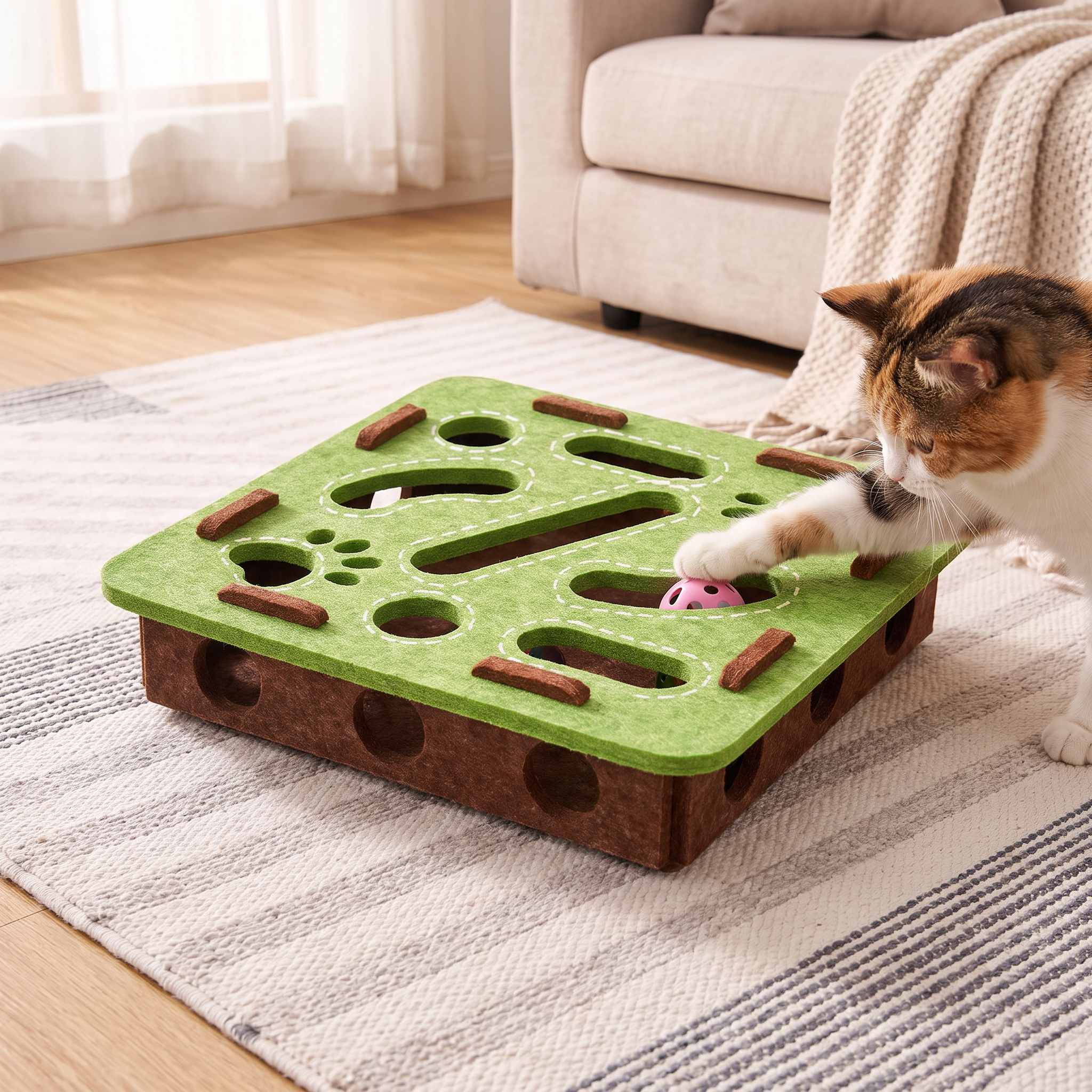 Cat pawing at a felt puzzle toy box