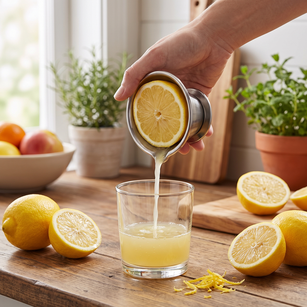 Squeezing a lemon with a stainless steel juicer