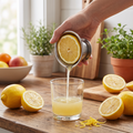 Squeezing a lemon with a stainless steel juicer