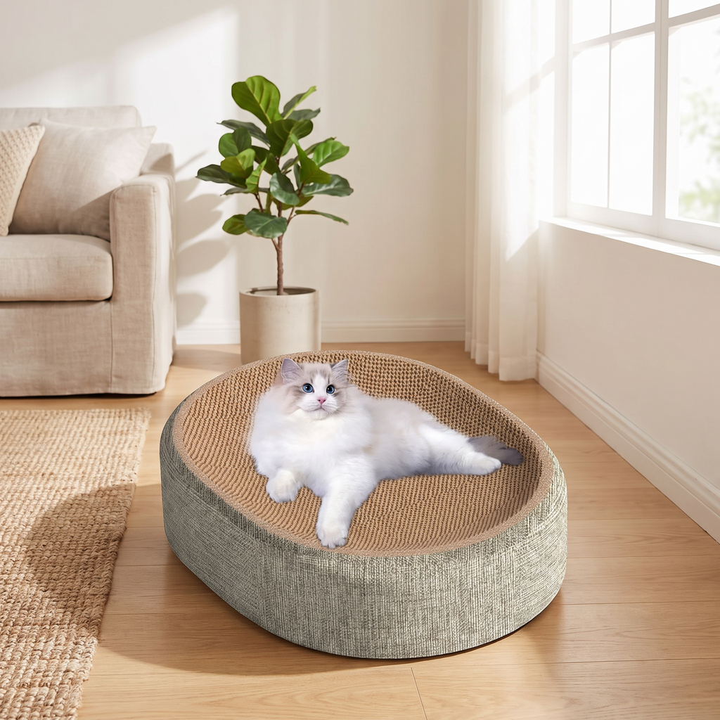 Cat lounging on an oval sisal scratcher bed