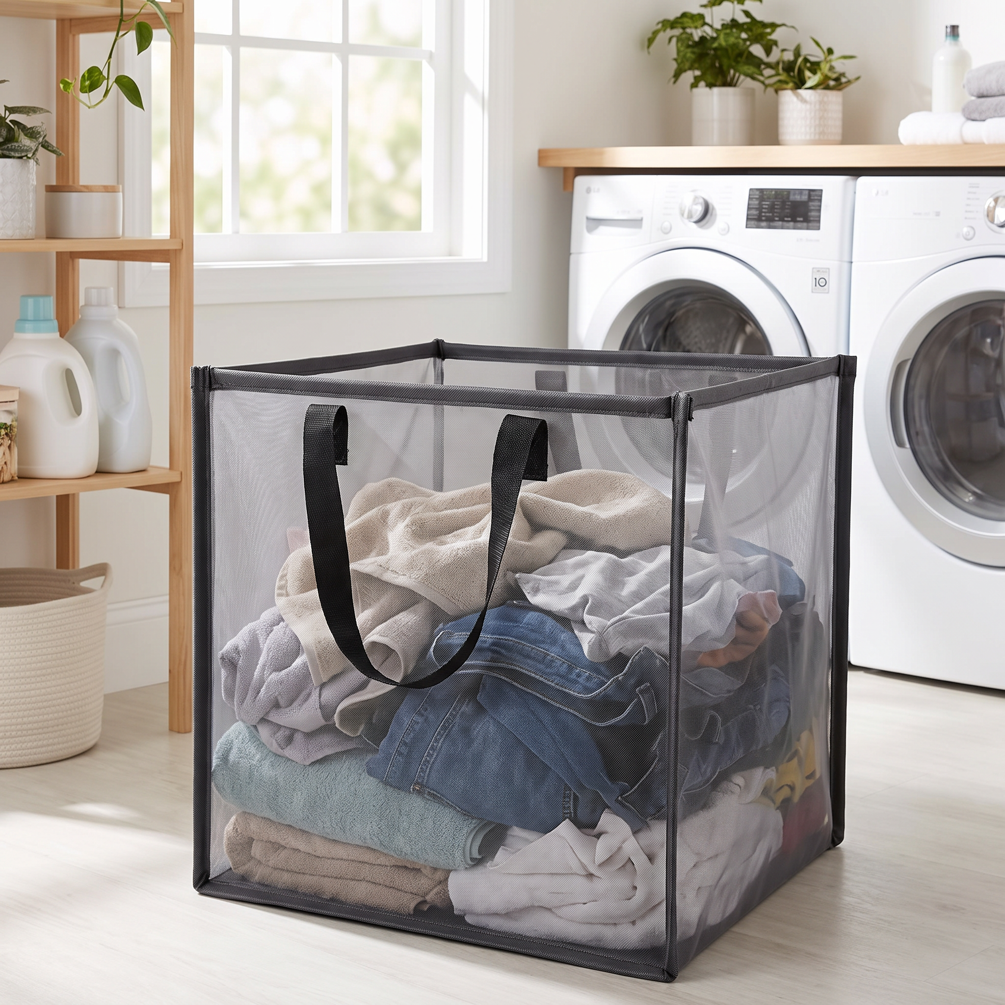 Mesh laundry hamper holding clothes in a laundry room