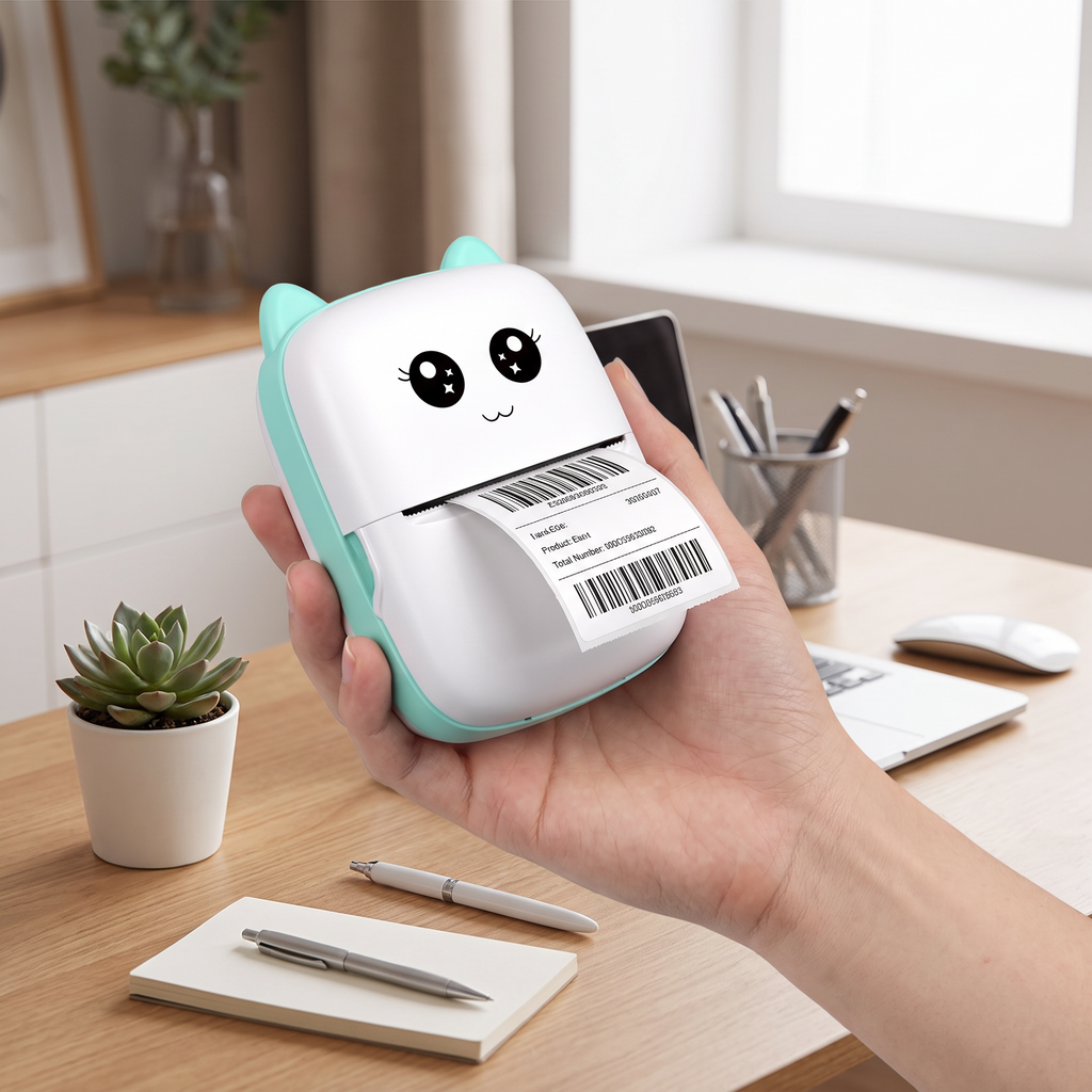 Mini thermal label printer printing a label at a desk