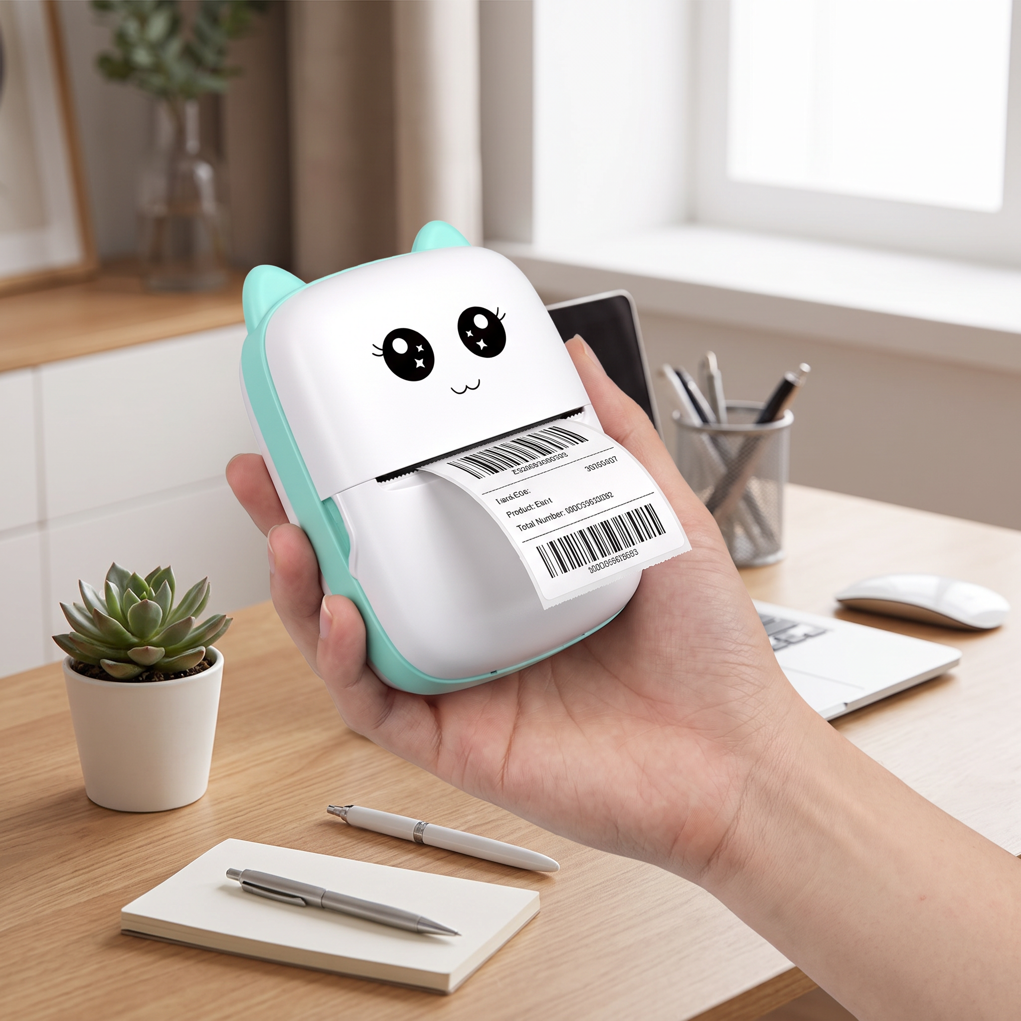 Mini thermal label printer printing a label at a desk