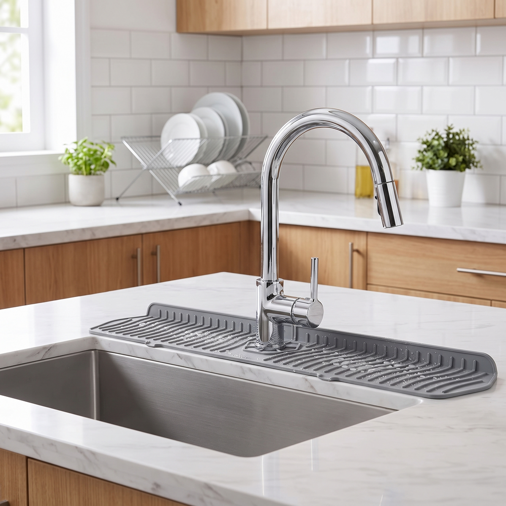 Silicone splash guard around a kitchen faucet base