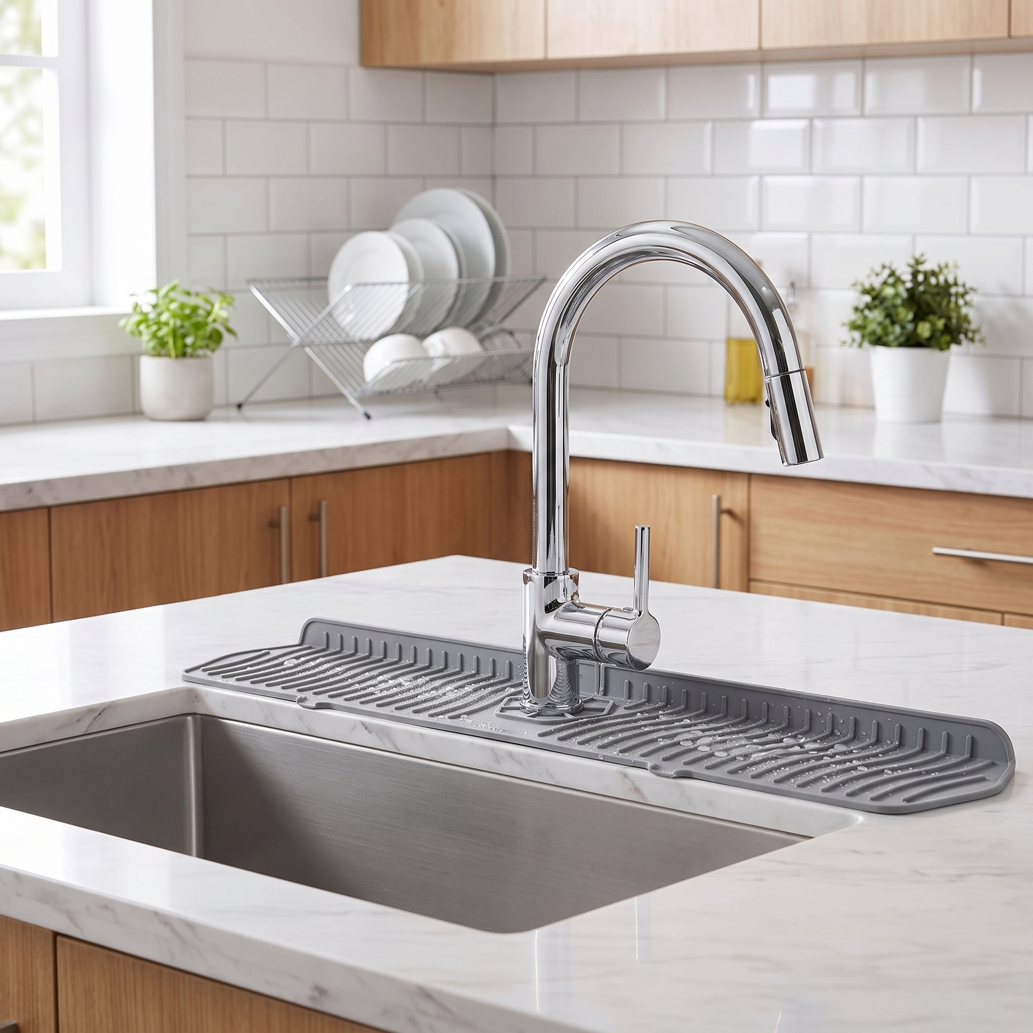 Silicone splash guard around a kitchen faucet base