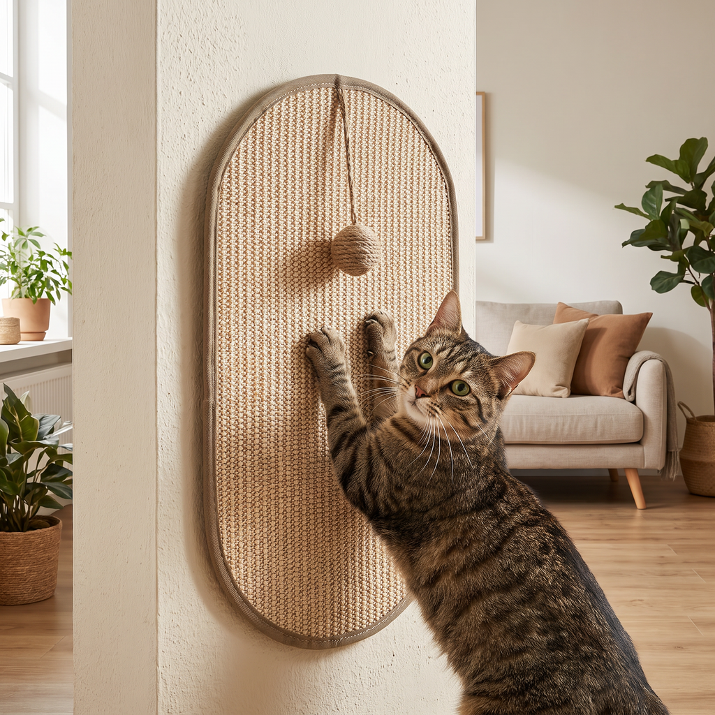 Cat scratching a wall-mounted sisal scratch pad