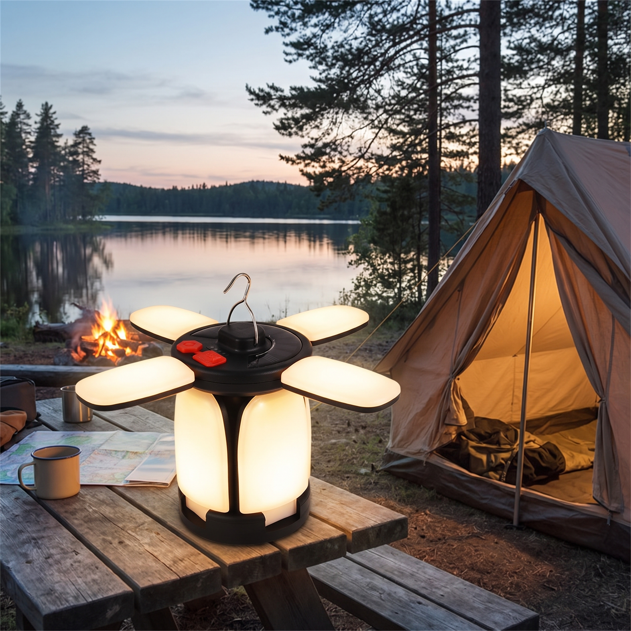 Folding leaf camping lantern glowing at a campsite