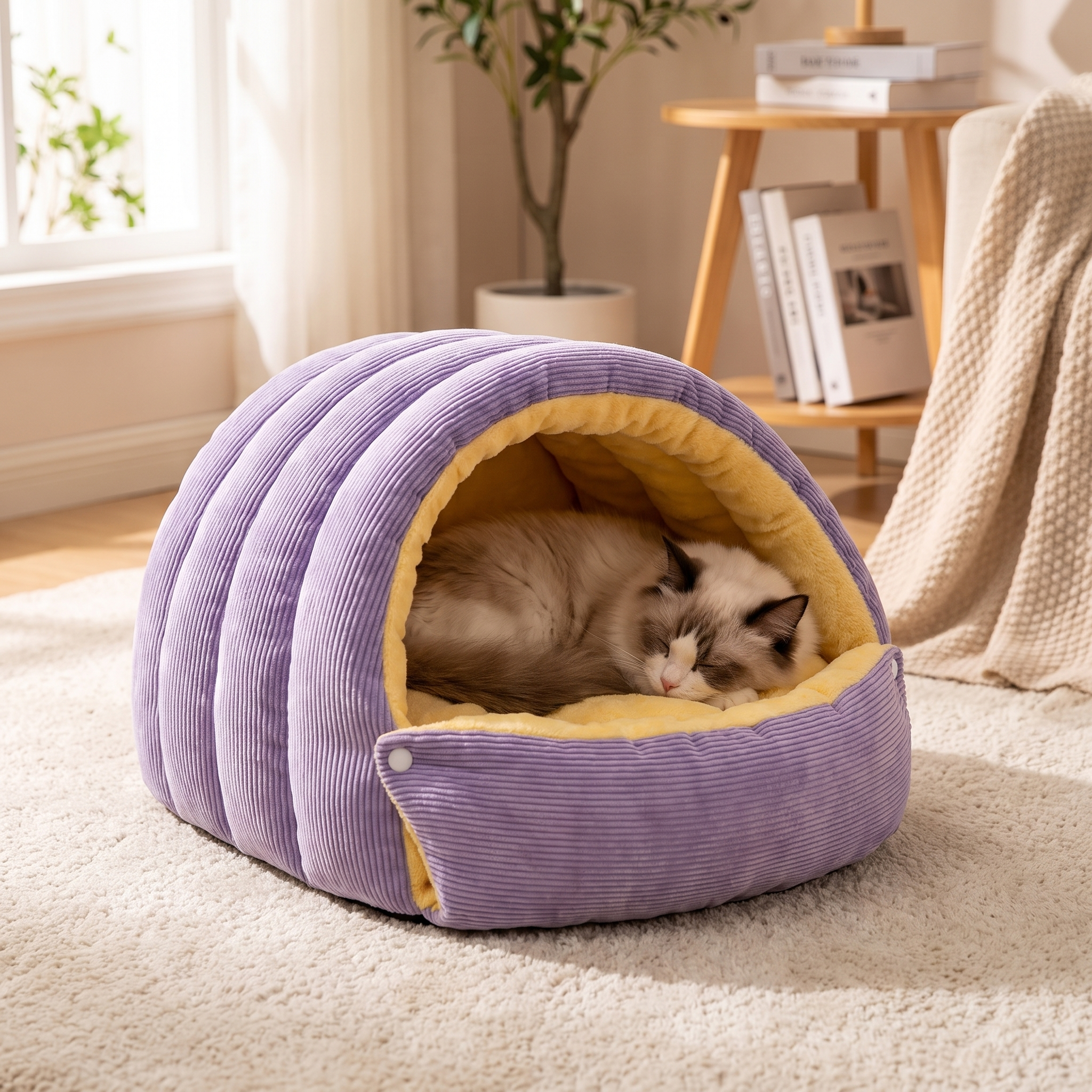 Cat curled up inside a warm fleece cave bed