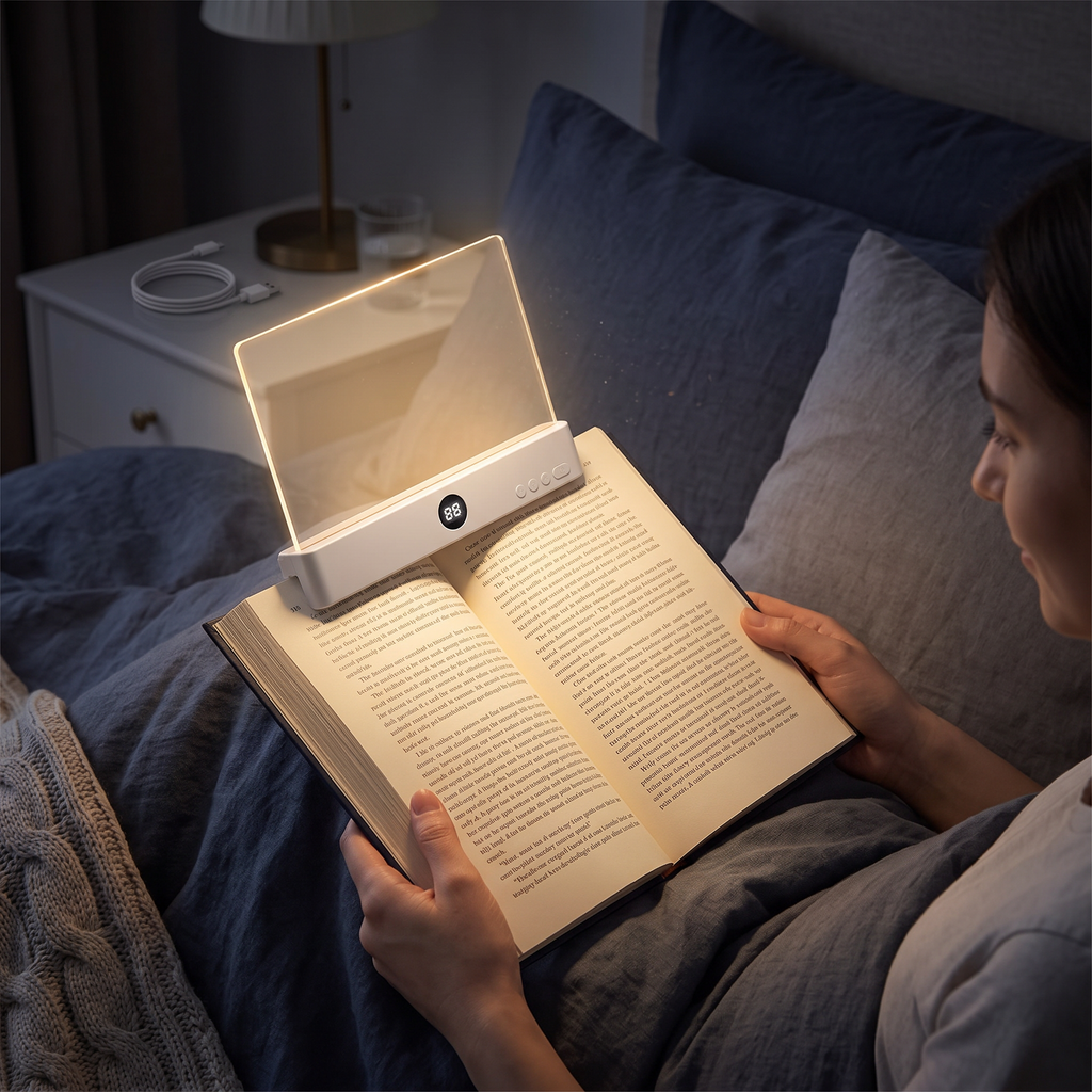 Flat panel reading light clipped to a book at night
